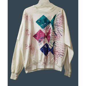 Vintage 80s hand-painted blouse, Just Me Designs, Large, Fish Splatter Jewels